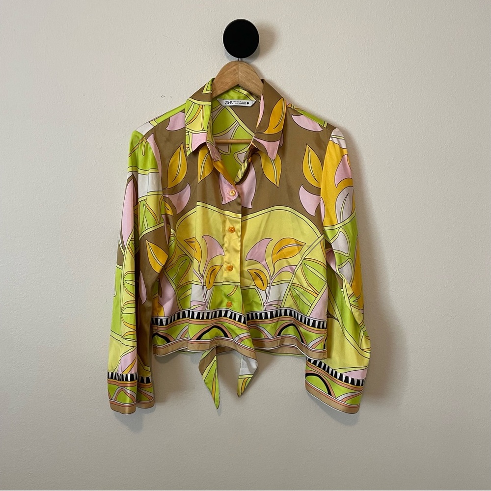 ZARA Citron Green Pink and Yellow Floral Tie Waist Bell Sleeve Top M